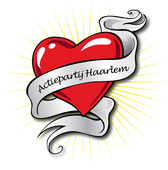 Logo actiepartij: rood hart met witte banner met tekst Actiepartij Haarlem